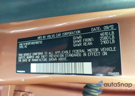 2013 Volvo S60 T5/T5 Platinum/T5 Premier/T5 Premier Plus z USA, uszkodzony, nr VIN YV1612FS1D2190732